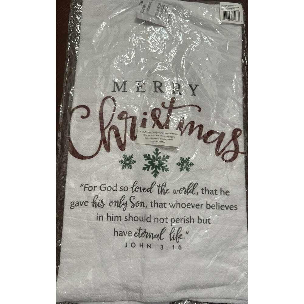 Christmas Kitchen White Tea Dish  Towel - John 3:16  17.5” x 28” 100% Cotton NIP